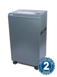 Robustní skartovací stroj praktického designu v odolném plechovém provedení s řezem 2 x 10 mm.