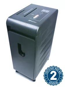 skartovač v křížovém řezu 2 x 10 mm, skartuje až 20 listů papíru gramáže 70 g/m2, navíc i CD/DVD, svorky, plastové karty, objem koše 40 l, doba skartace 60 min.