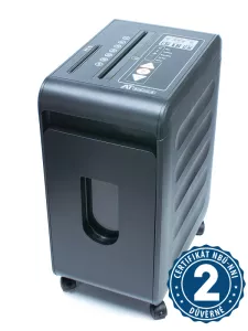 Skartovač - křížový řez 2 x 15 mm, skartuje až 8 listů papíru gramáže 70 g/m2, navíc i CD/DVD, svorky, plastové karty, objem koše 22 l, doba nepřetržitého skartování 10 min.