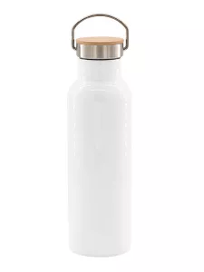 Cestovní bílá termoska s bambusovým víčkem a poutkem.