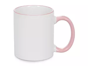 Keramický bílý hrnek s barevným lemem a uchem.
