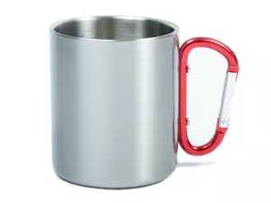 Stříbrný dvouplášťový hrnek pro postisk s červenou karabinou.