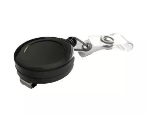 Plastový naviják s černým povrchem, průměr 30 mm, délka lanka cca 65 cm