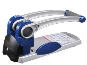 Výkonný ergonomický děrovač papíru s nastavitelným dorazem.
