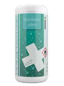 Vlhčenné dezinfekční utěrky v praktické uzavíratelné dóze se zvýšeným obsahem alkoholu pro účinnou ochranu před COVID-19.