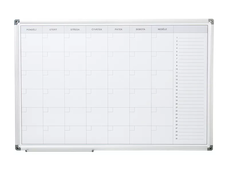 Topdrop – Měsíční plánovací tabule 90x60 cm s kvalitním nátiskem měsíčního rastru, lakovaným povrchem a hliníkovým rámem. ARTA | Kancelářská technika od Topdrop.cz