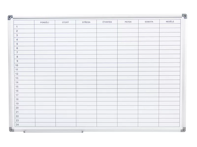 Topdrop – Týdenní plánovací tabule 90x60 cm s kvalitním nátiskem týdenního rastru, lakovaným povrchem a hliníkovým rámem. ARTA | Kancelářská technika od Topdrop.cz