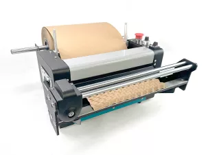 Jednoduchý přenosný výrobník ekologicky šetrného vycpávkového materiálu.