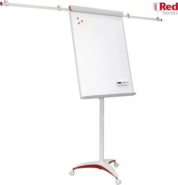 Topdrop – Kvalitní designový mobilní flipchart s červenými doplňky. Magnetická tabule rozměru 70x100 cm s lakovaným povrchem, s pevným náklonem 15° . 2x3 | Kancelářská technika od Topdrop.cz